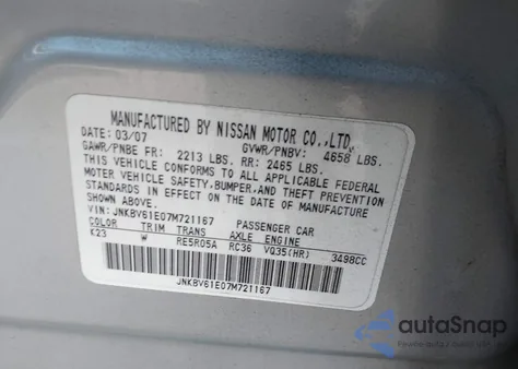 2007 Infiniti G35 Sport из США, поврежденный, VIN JNKBV61E07M721167